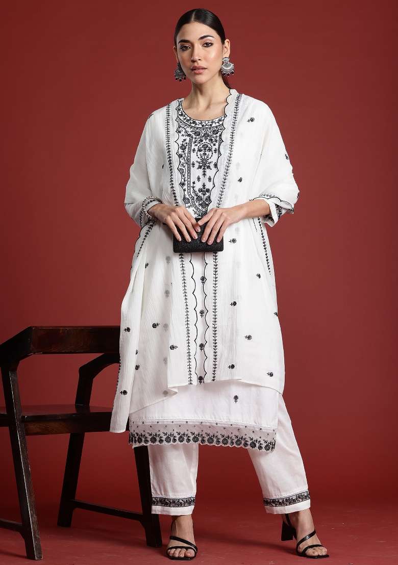 White Embroidery Cotton Kurta Set - Indya