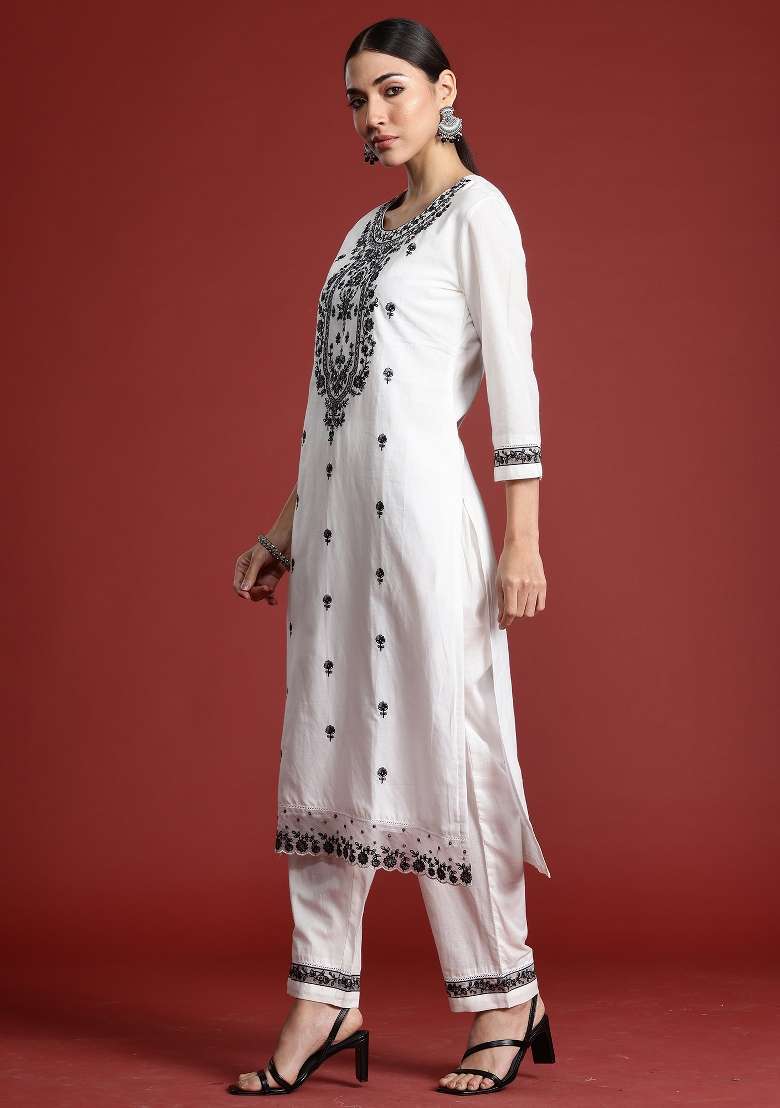 White Embroidery Cotton Kurta Set - Indya