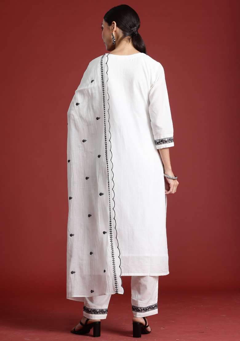 White Embroidery Cotton Kurta Set - Indya