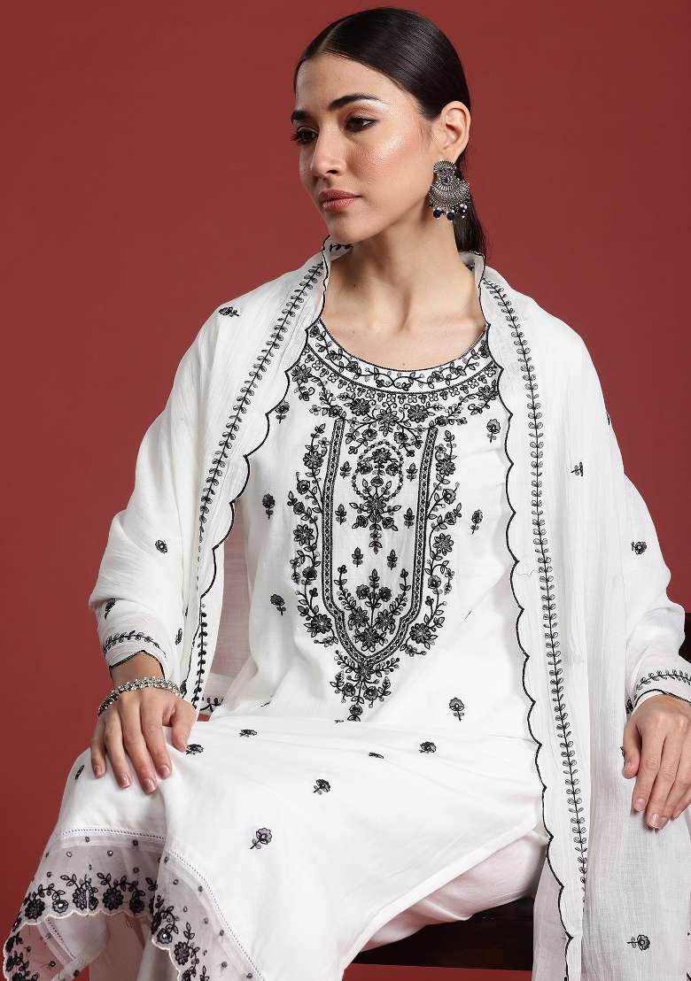 White Embroidery Cotton Kurta Set - Indya