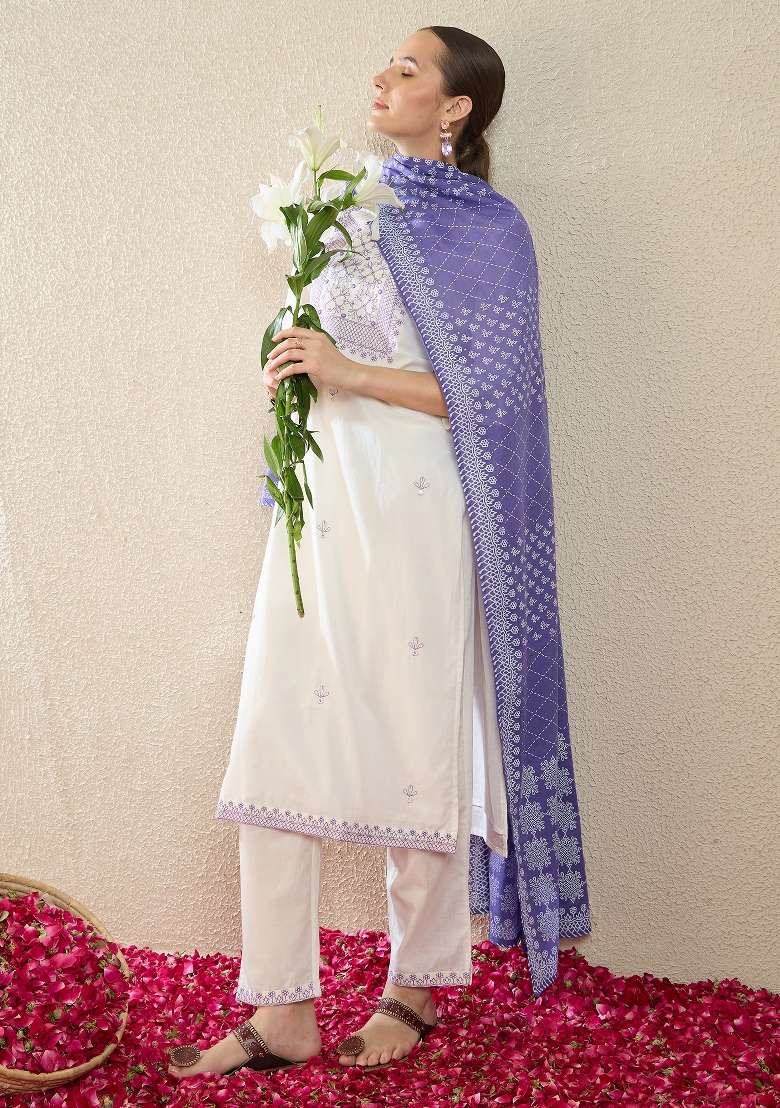 White Embroidery Cotton Kurta Set - Indya
