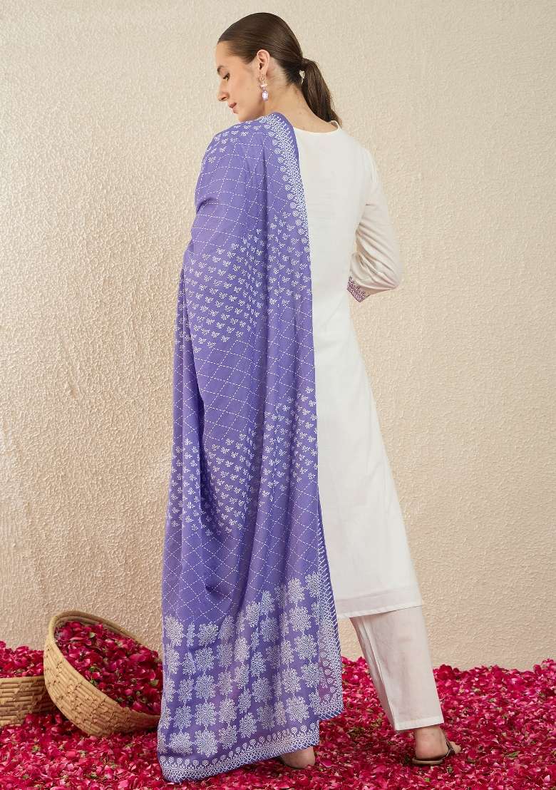 White Embroidery Cotton Kurta Set - Indya
