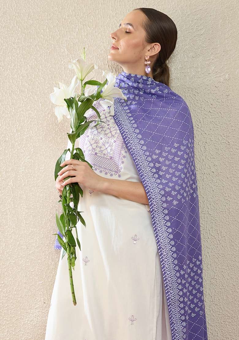 White Embroidery Cotton Kurta Set - Indya