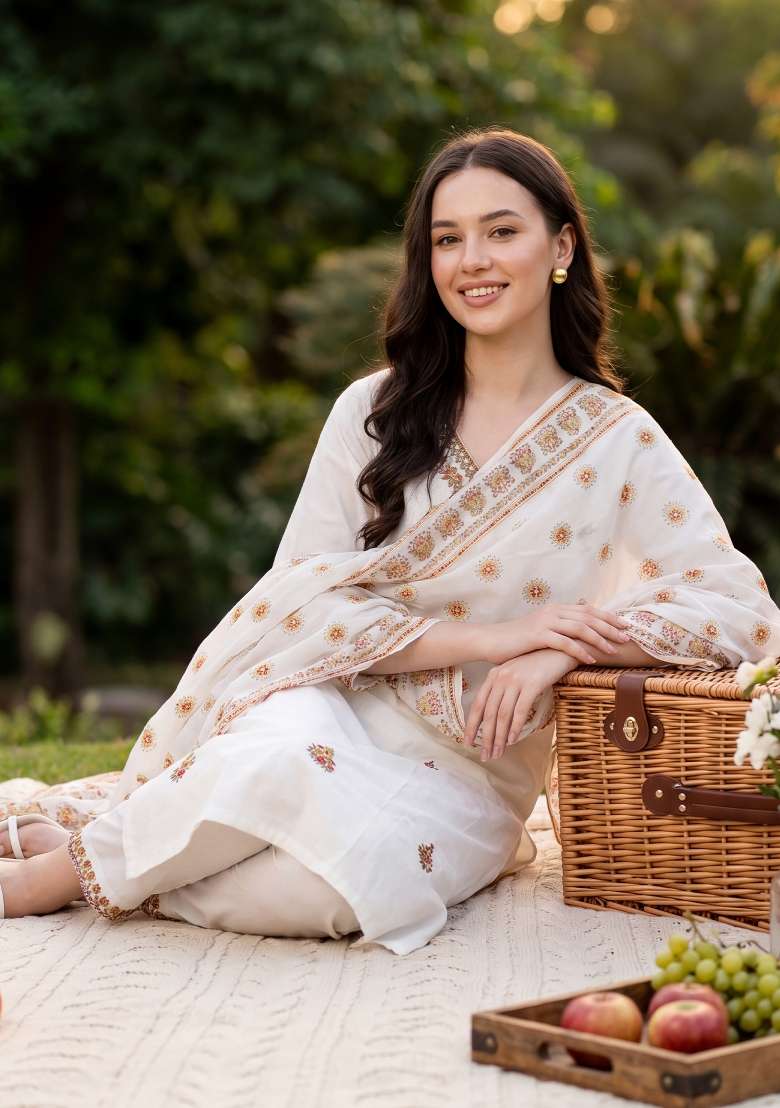 White Embroidery Cotton Kurta Set - Indya