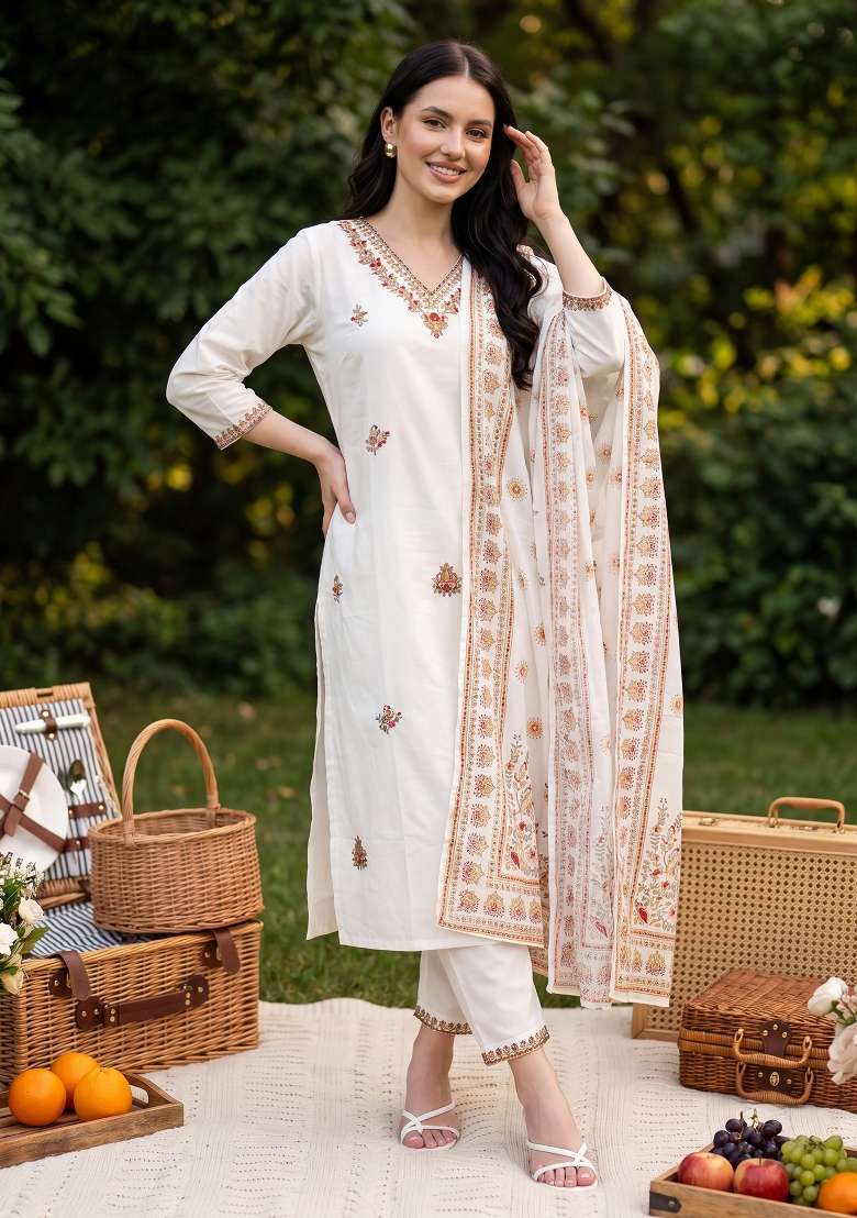 White Embroidery Cotton Kurta Set - Indya