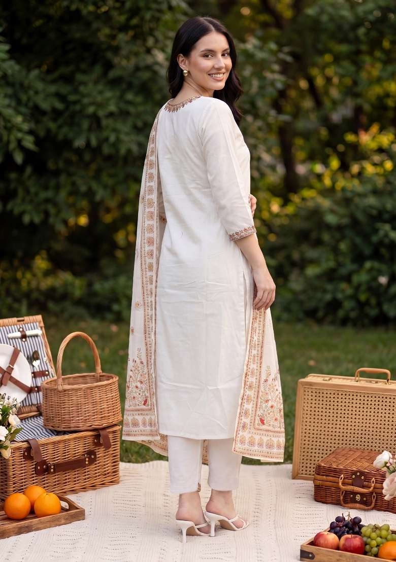 White Embroidery Cotton Kurta Set - Indya