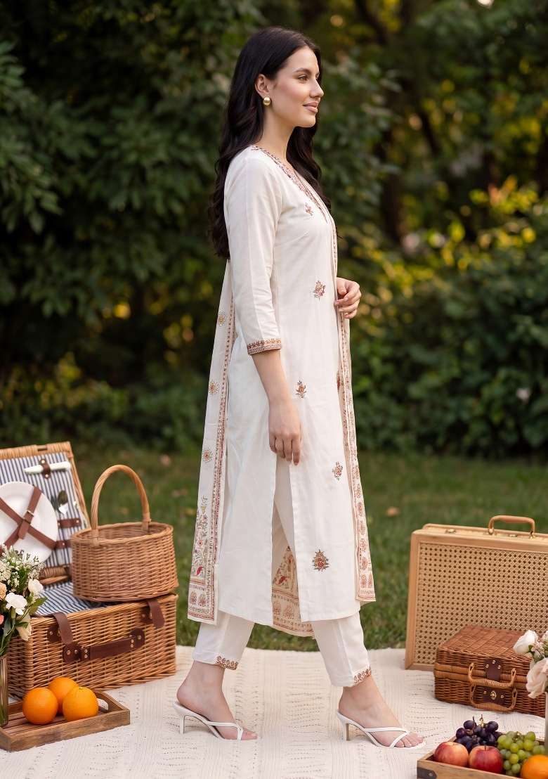 White Embroidery Cotton Kurta Set - Indya