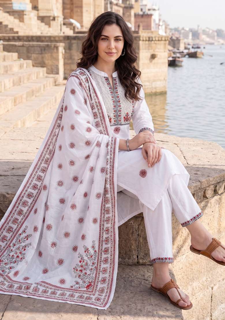 White Embroidery Cotton Kurta Set - Indya