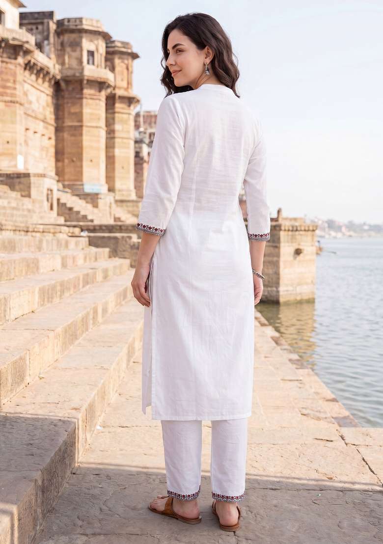 White Embroidery Cotton Kurta Set - Indya