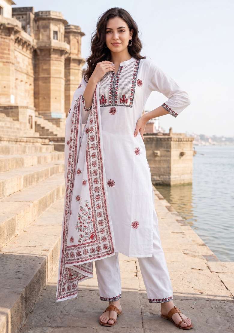 White Embroidery Cotton Kurta Set - Indya
