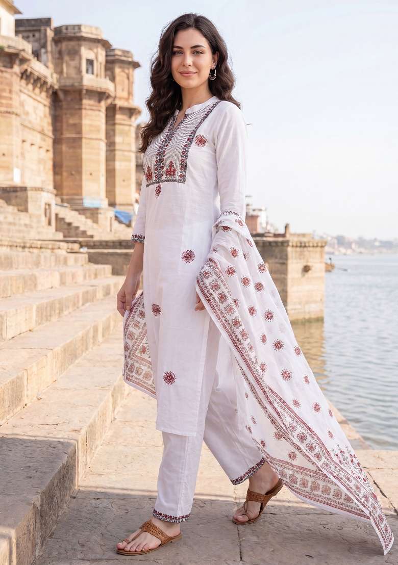White Embroidery Cotton Kurta Set - Indya