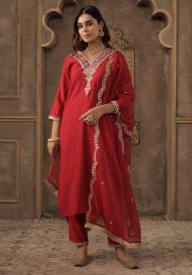 Red Embroidery Liva Kurta Set