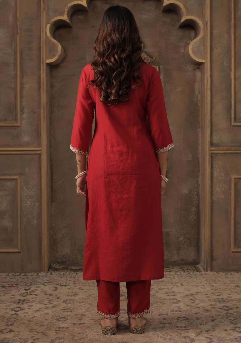 Red Embroidery Liva Kurta Set - Indya