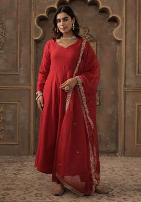Red Solid Liva Kurta Set