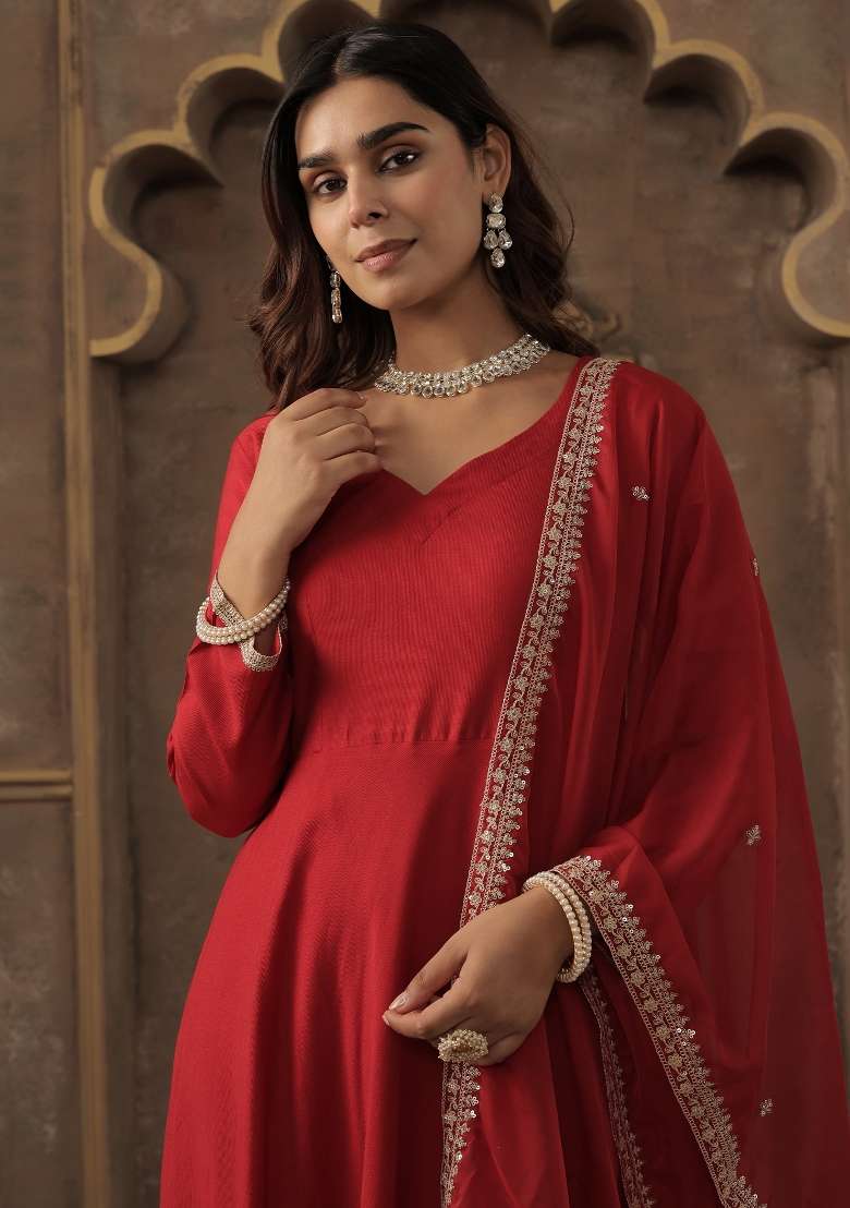 Red Solid Liva Kurta Set - Indya