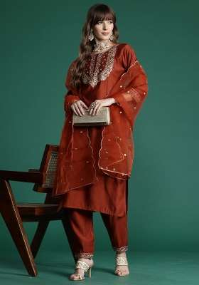 Orange Embroidery Liva Kurta Set
