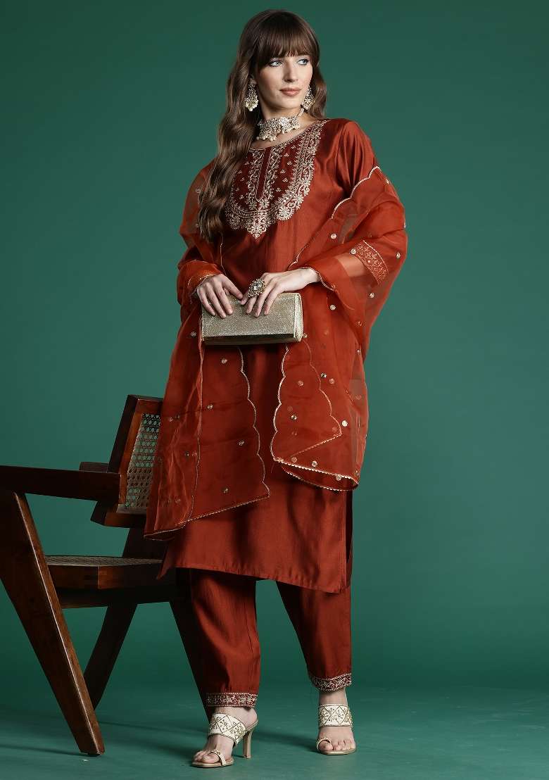 Orange Embroidery Liva Kurta Set - Indya