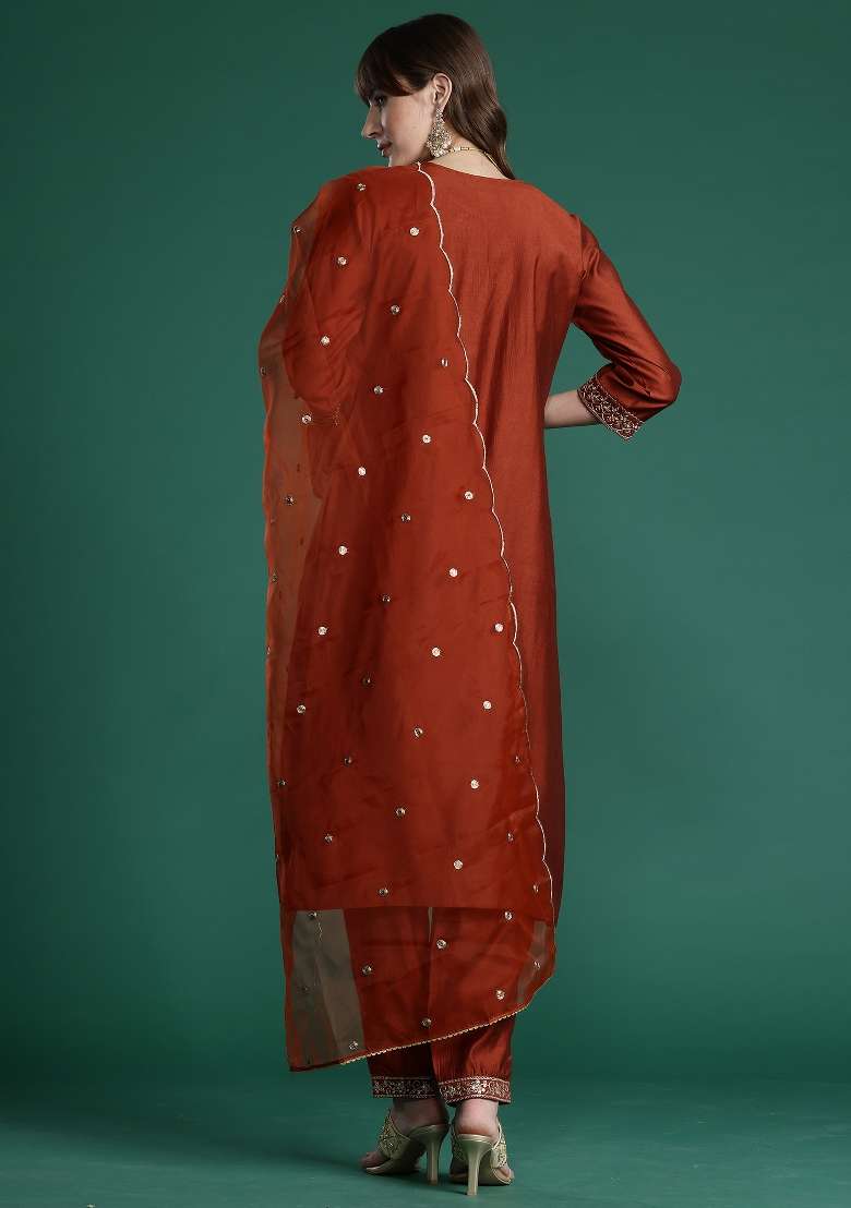 Orange Embroidery Liva Kurta Set - Indya