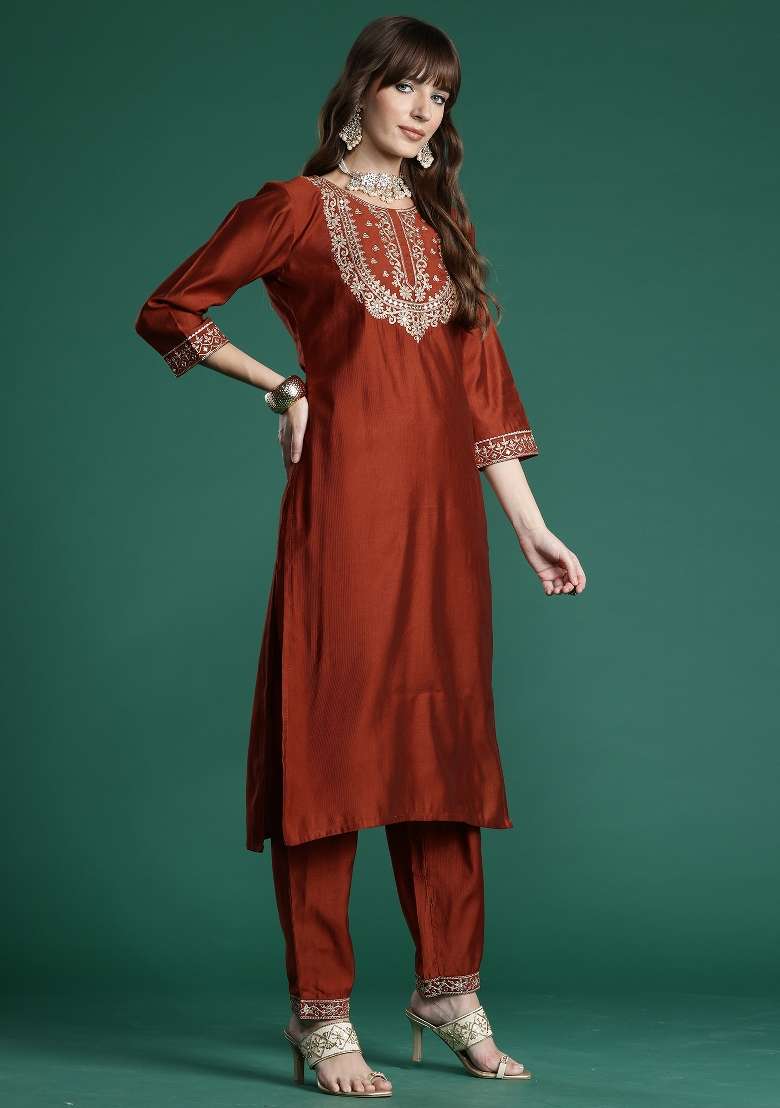 Orange Embroidery Liva Kurta Set - Indya