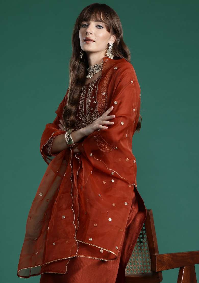 Orange Embroidery Liva Kurta Set - Indya