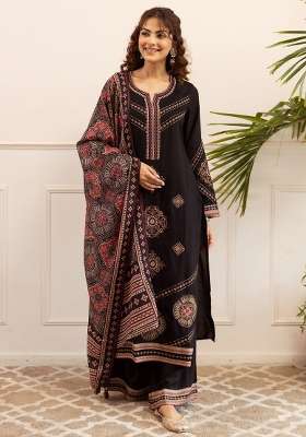 Black Embroidery Viscose Kurta Set