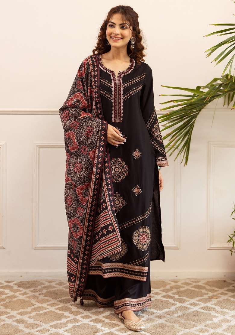Black Embroidery Viscose Kurta Set - Indya
