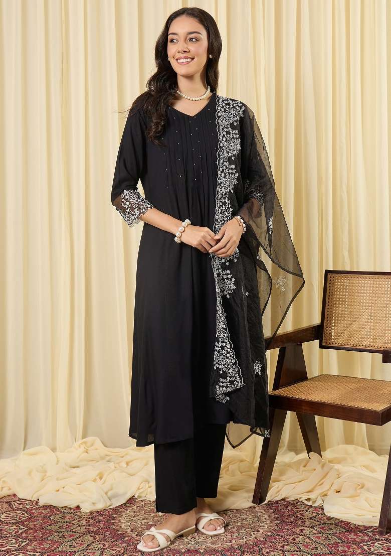 Black Embroidery Viscose Kurta Set - Indya