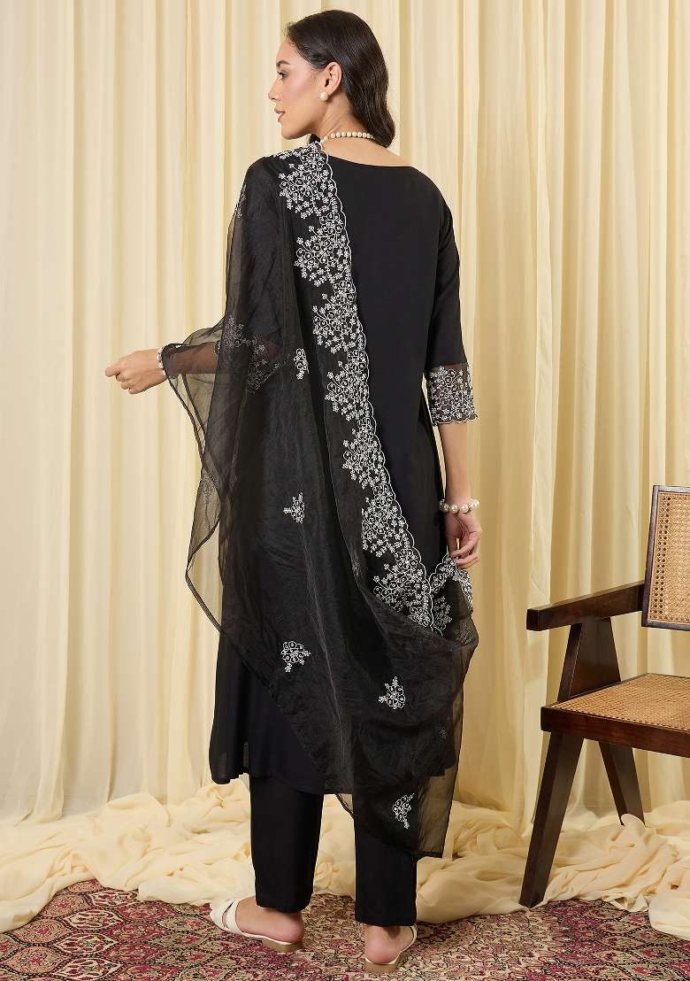 Black Embroidery Viscose Kurta Set - Indya
