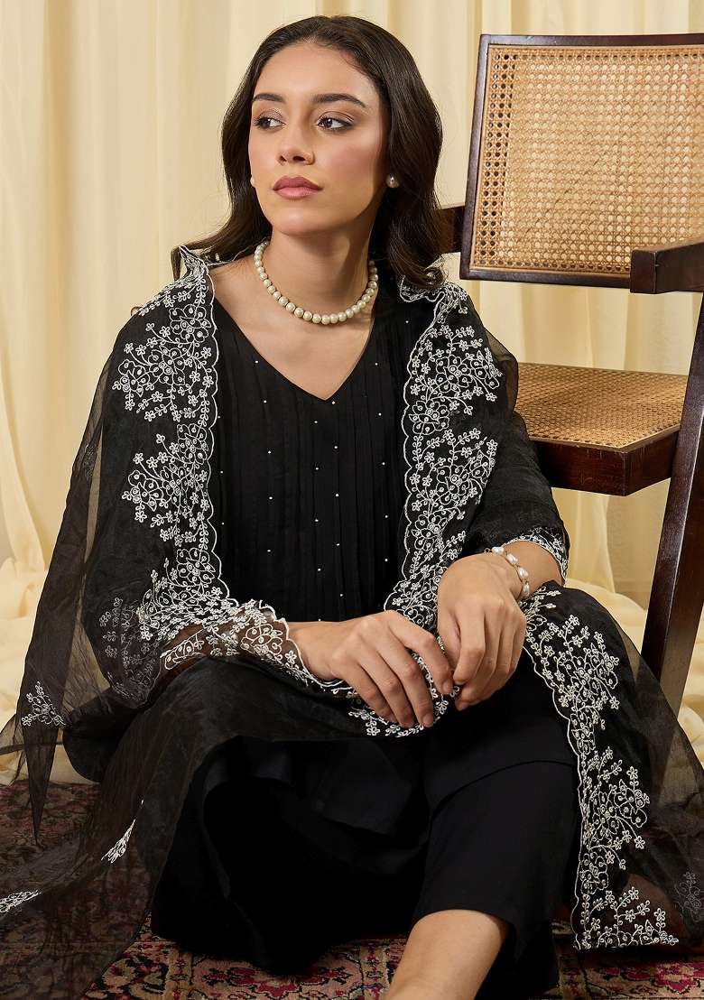 Black Embroidery Viscose Kurta Set - Indya