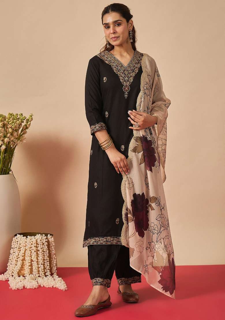 Black Embroidery Viscose Kurta Set - Indya