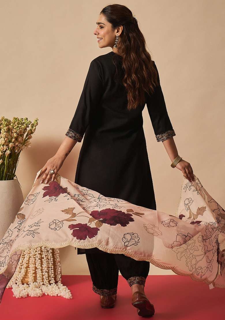 Black Embroidery Viscose Kurta Set - Indya