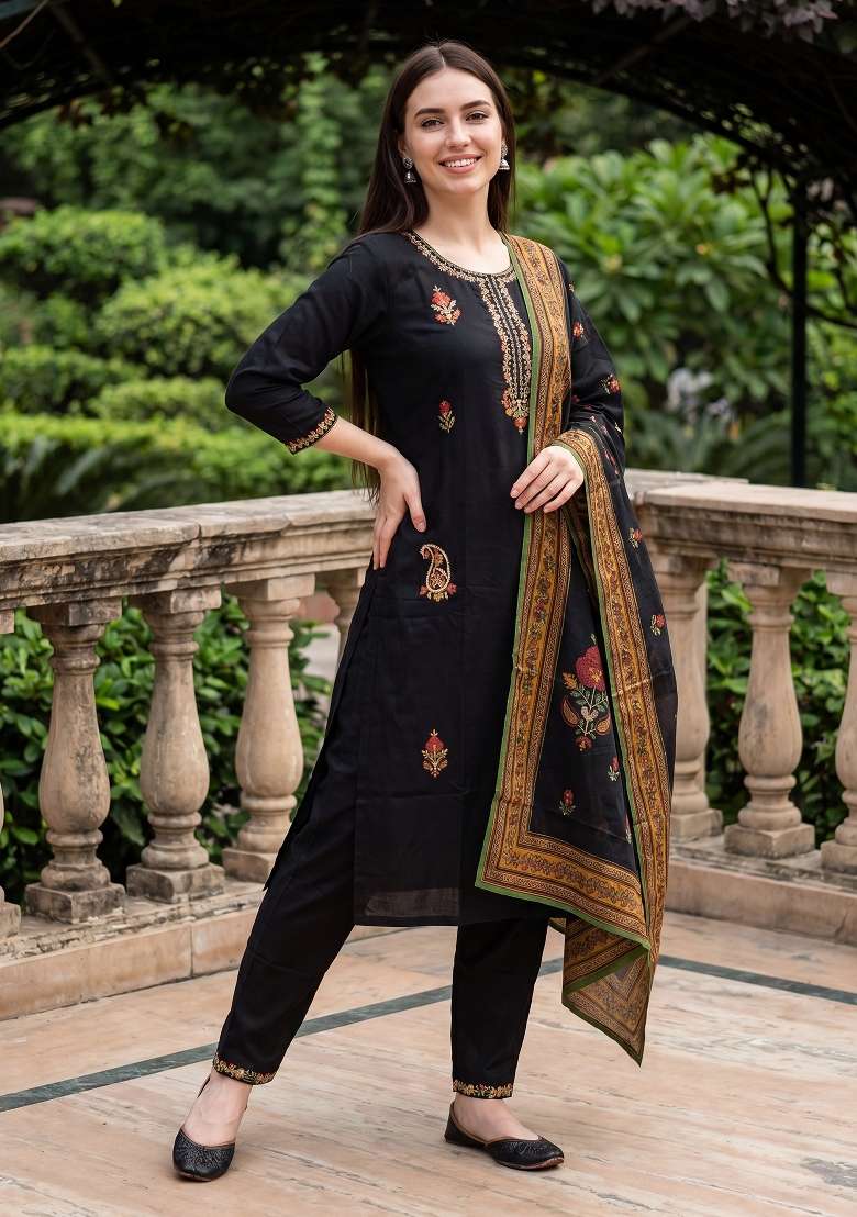 Black Embroidery Viscose Kurta Set - Indya