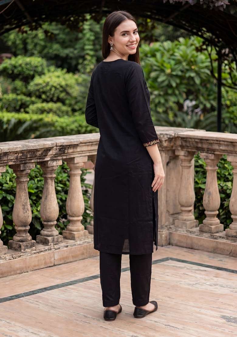 Black Embroidery Viscose Kurta Set - Indya