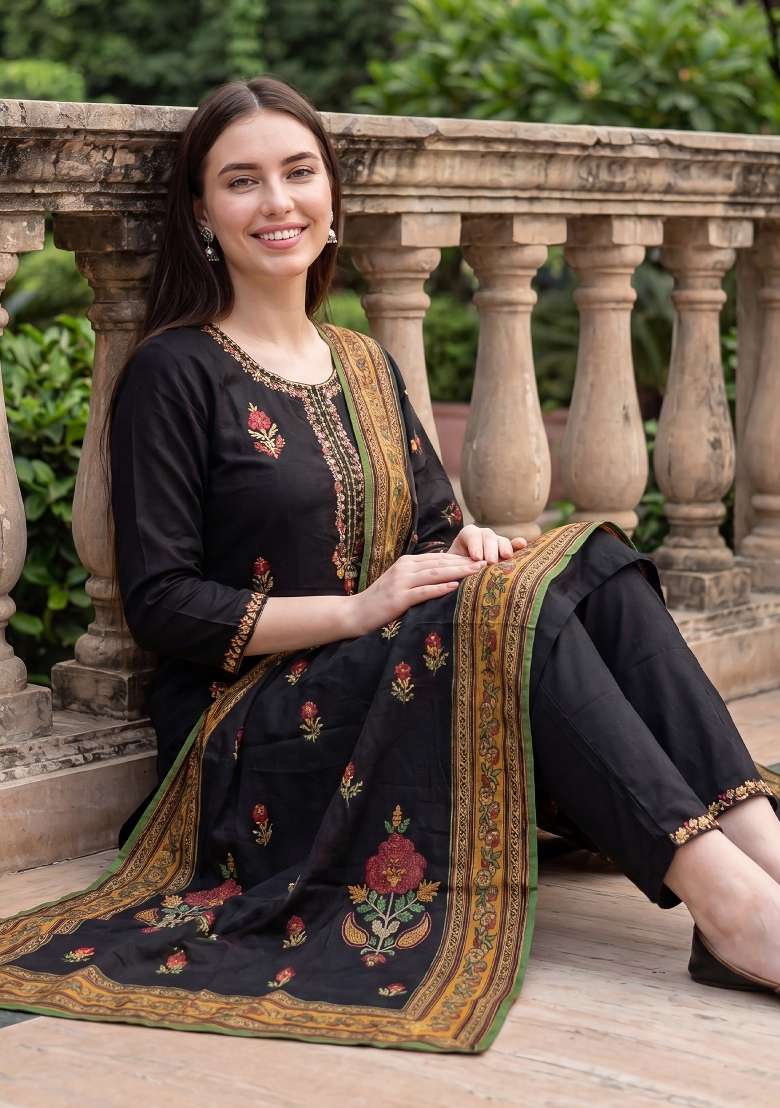 Black Embroidery Viscose Kurta Set - Indya