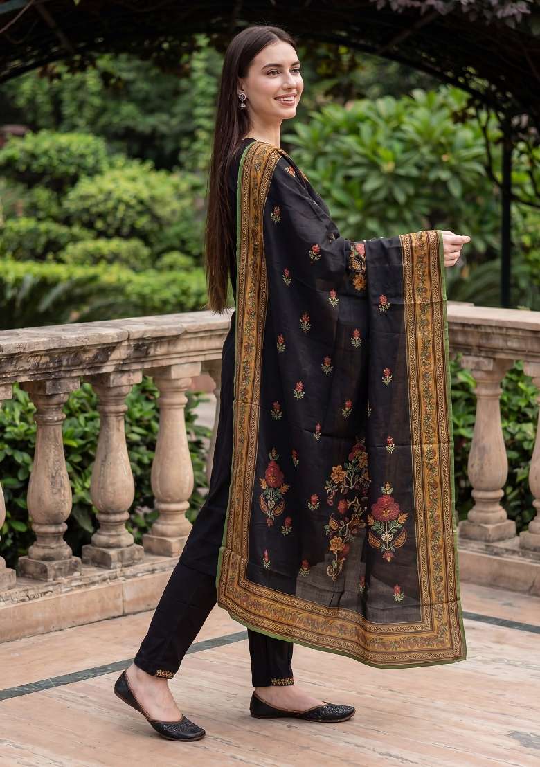 Black Embroidery Viscose Kurta Set - Indya