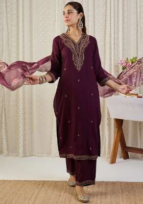 Maroon Embroidery Viscose Kurta Set