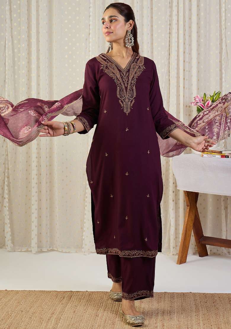 Maroon Embroidery Viscose Kurta Set - Indya