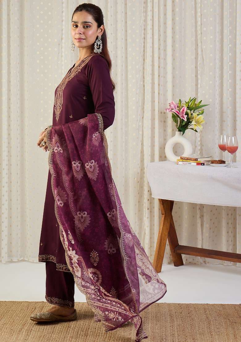 Maroon Embroidery Viscose Kurta Set - Indya