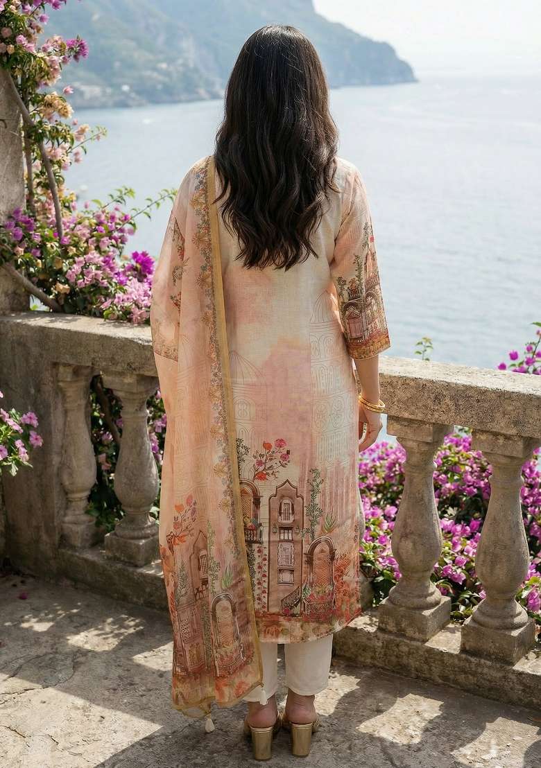Off White Printed Linen Kurta Set - Indya