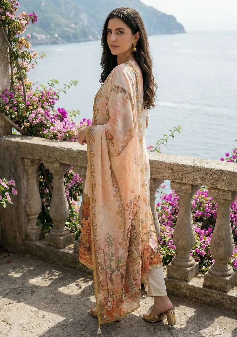 Off White Printed Linen Kurta Set - Indya