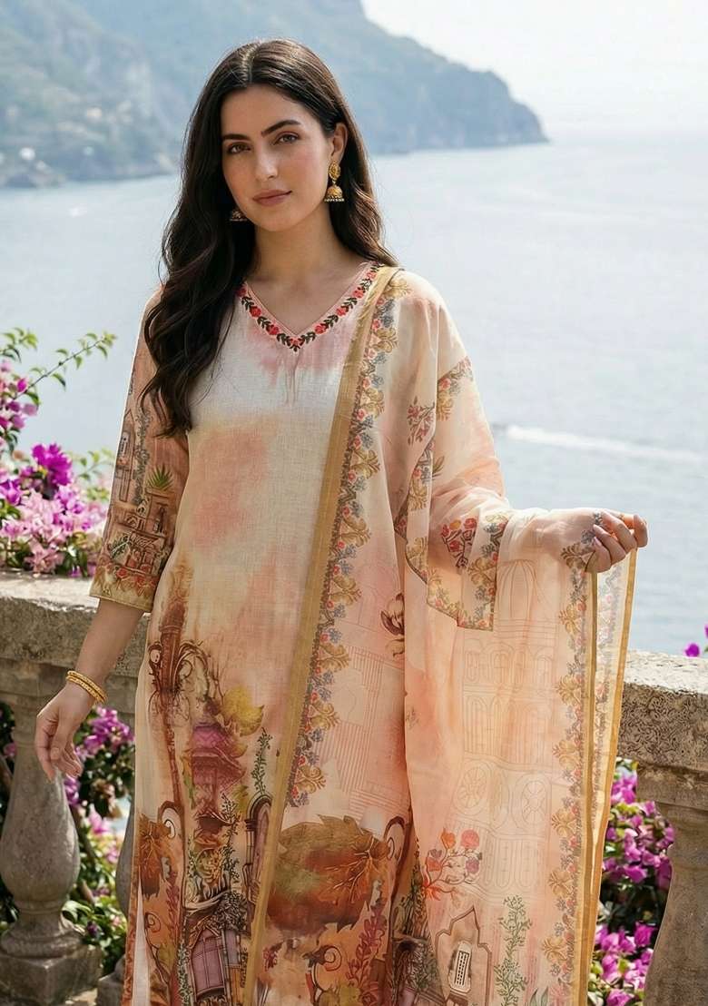 Off White Printed Linen Kurta Set - Indya