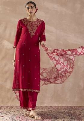 Pink Embroidery Viscose Kurta Set