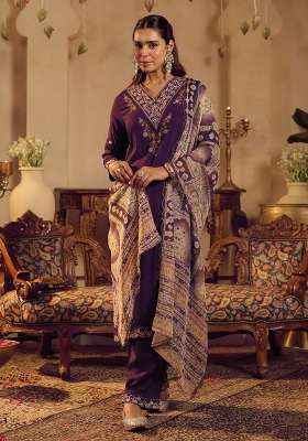 Purple Embroidery Viscose Kurta Set