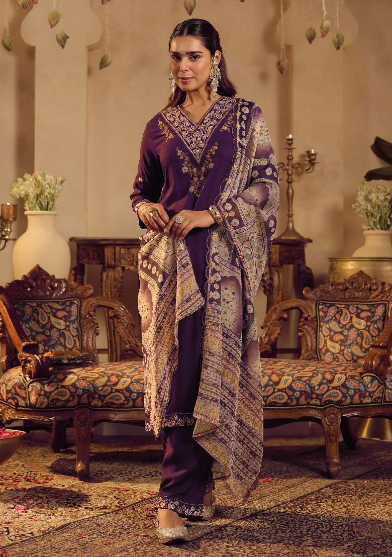Purple Embroidery Viscose Kurta Set - Indya