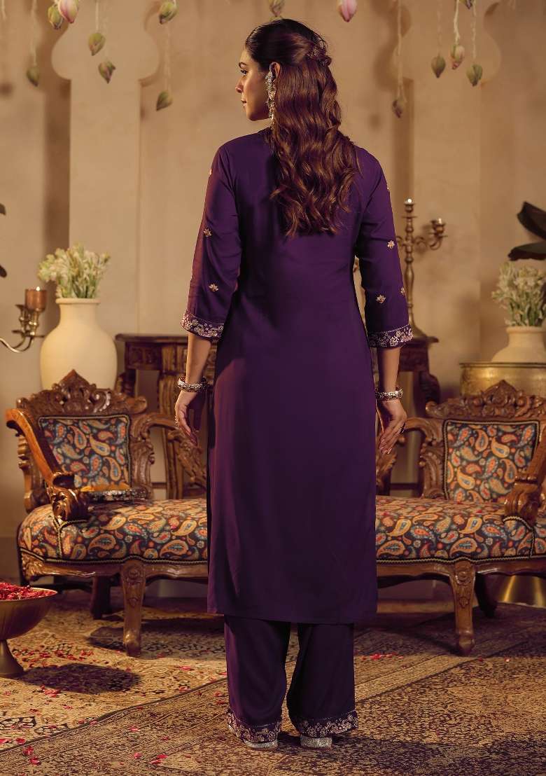 Purple Embroidery Viscose Kurta Set - Indya