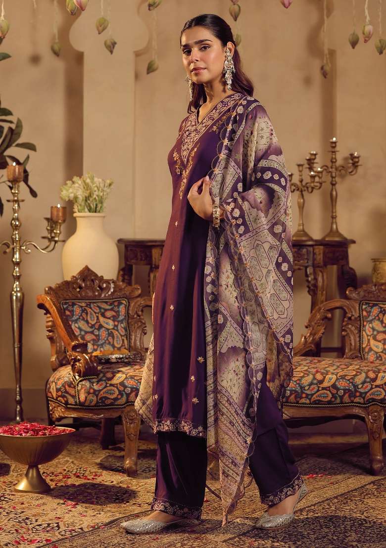 Purple Embroidery Viscose Kurta Set - Indya
