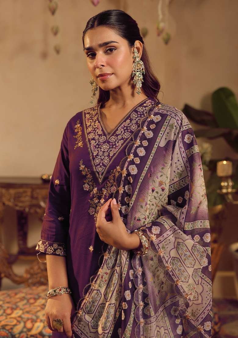Purple Embroidery Viscose Kurta Set - Indya