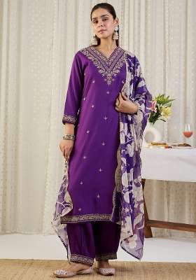 Purple Embroidery Viscose Kurta Set