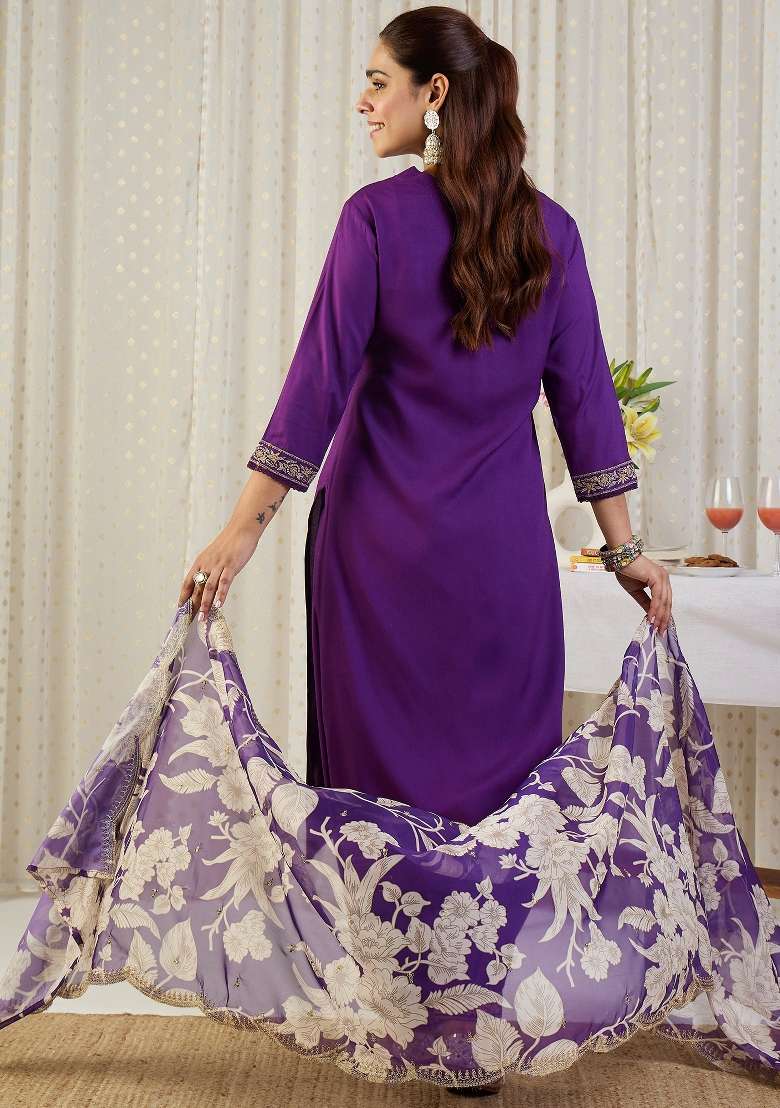 Purple Embroidery Viscose Kurta Set - Indya