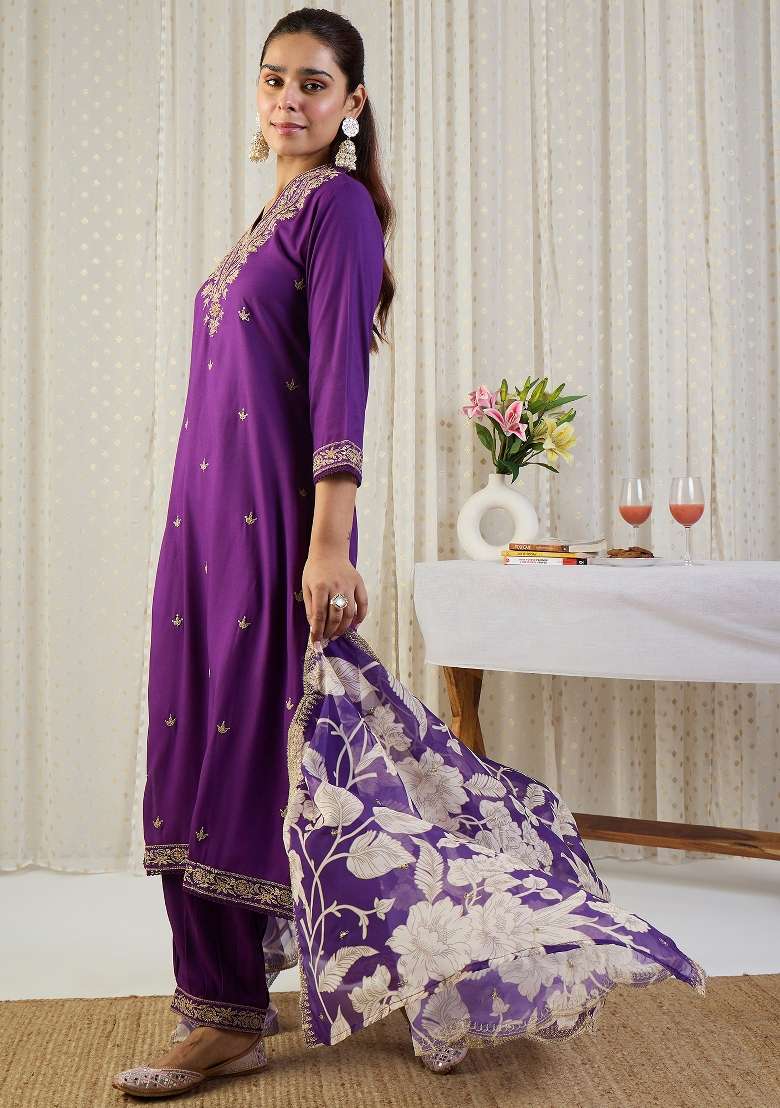 Purple Embroidery Viscose Kurta Set - Indya